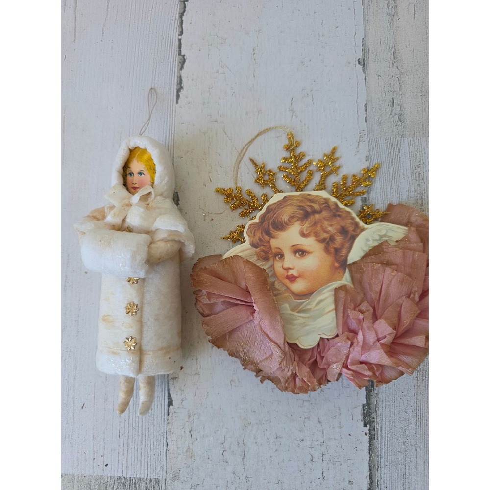 Vintage shackman diecast angel cherub ornament gold Xmas paper cardboard tree